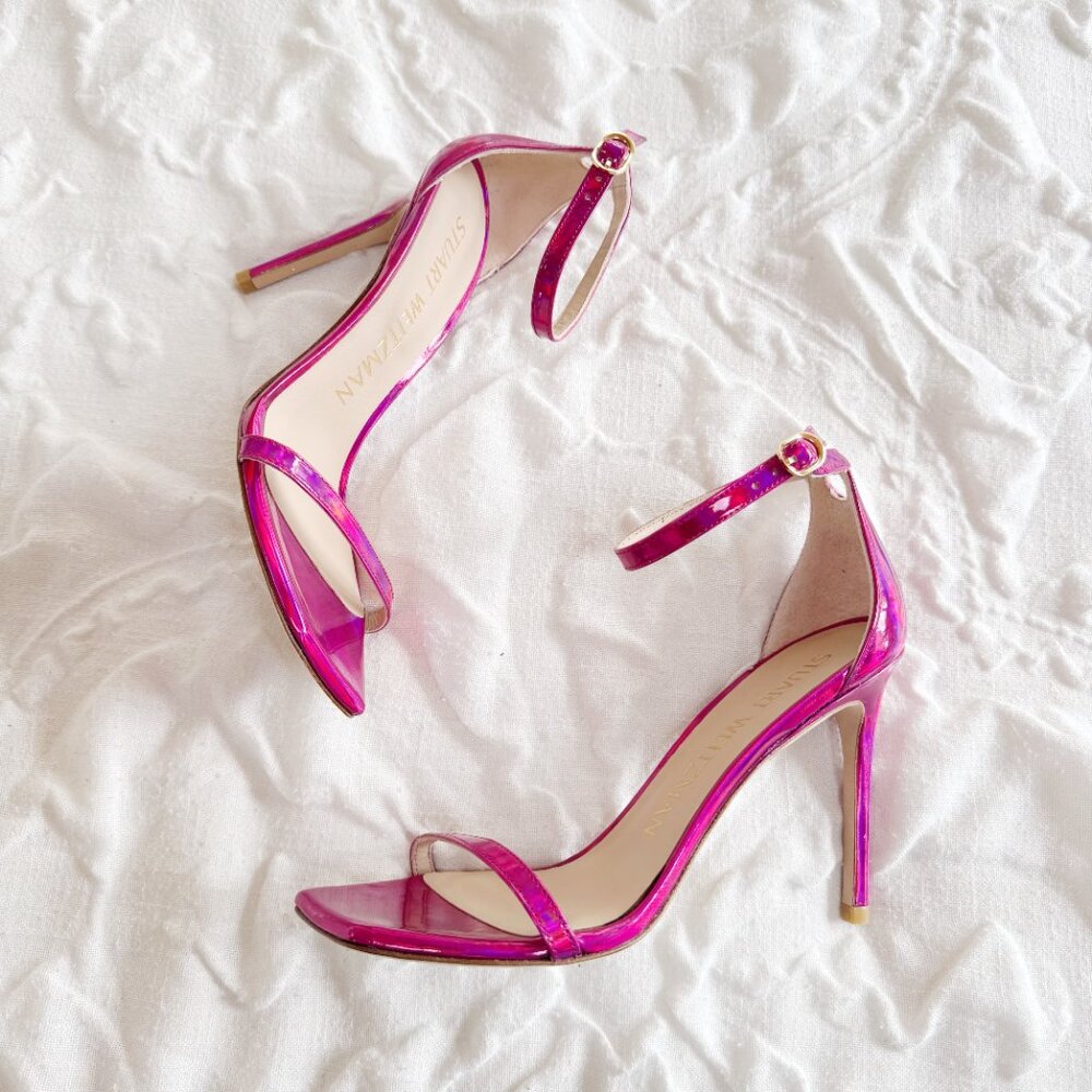 Stuart Weitzman Pink Iridescent Ankle-Strap Stiletto Sandals - Picture 7 of 10